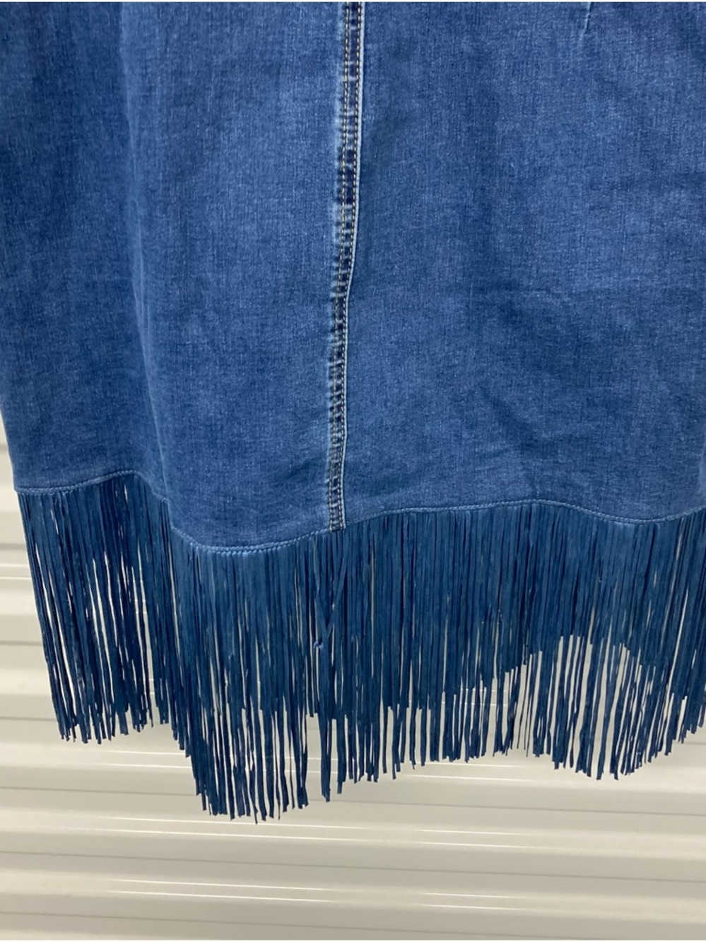 Dark Blue Denim Sleeveless Mini Dress with Fringe and Stud Waist - Picture 12 of 12